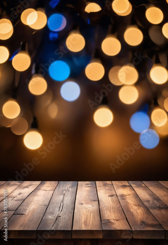 Wallpaper Mural Empty wood table with blurred Christmas lights set behind the table Torontodigital.ca