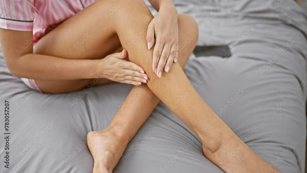 A young woman in pajamas applies lotion on her legs while sitting on a gray bed in a well-lit bedroom. A young woman in pajamas applies lotion on her legs while sitting on a gray bed in a well-lit bedroom.