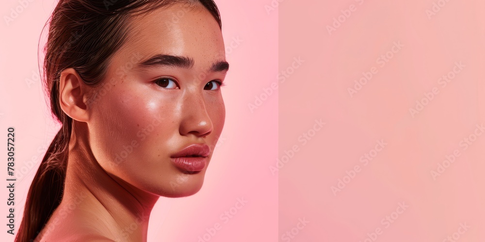 Chic beauty look on a coral backdrop, a modern take for makeup and lifestyle magazines. Chic beauty look on a coral backdrop, a modern take for makeup and lifestyle magazines.