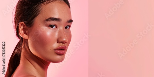Chic beauty look on a coral backdrop, a modern take for makeup and lifestyle magazines.