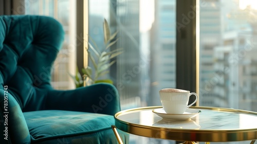 Plush armchair and cappuccino in an urban home with a stunning high-rise view.