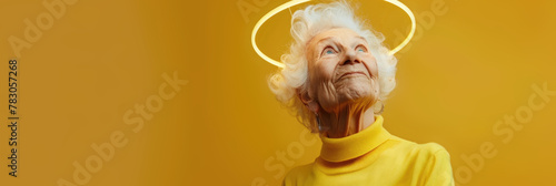 An old woman is depicted with a halo hovering above her head in this religious artwork photo