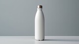 A professional Water Bottle in white with a smooth texture, stretched and laid flat lay on a minimalist white mockup
