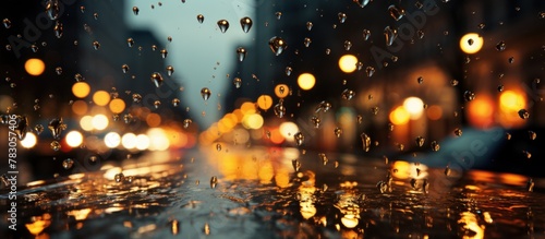 Raindrops streak down a window, city lights blurred in the distance