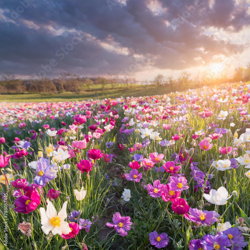Field of colored flowers in spring on a field