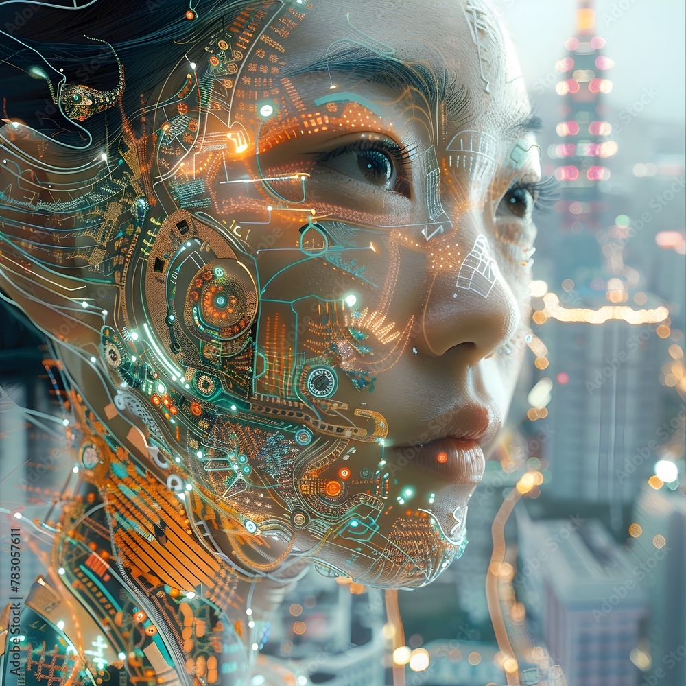 Mesmerizing Cyborg Woman's Portrait with Intricate Digital Enhancements Set Against Futuristic City Backdrop Mesmerizing Cyborg Woman's Portrait with Intricate Digital Enhancements Set Against Futuristic City Backdrop