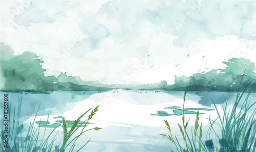 watercolor background landscape with lake and forest