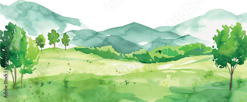 watercolor isolated landscape with mountains and trees