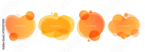Set of abstract liquid shapes. Summer theme bright splashes. Dynamic vibrant orange colored gradients for summertime season creative graphic design. Vector illustration.