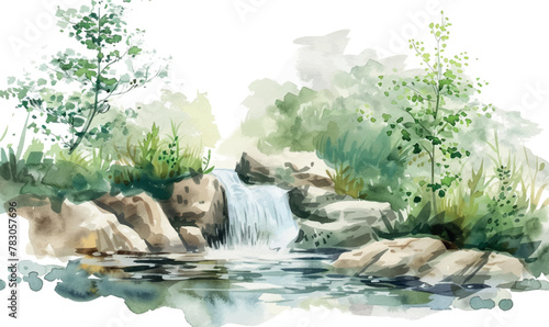 watercolor illustration waterfall in the forest