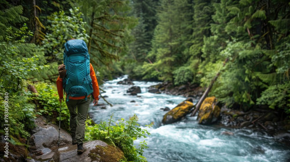 A person with a backpack stands on a rock near a river, taking in the view of the flowing water and surrounding nature A person with a backpack stands on a rock near a river, taking in the view of the flowing water and surrounding nature
