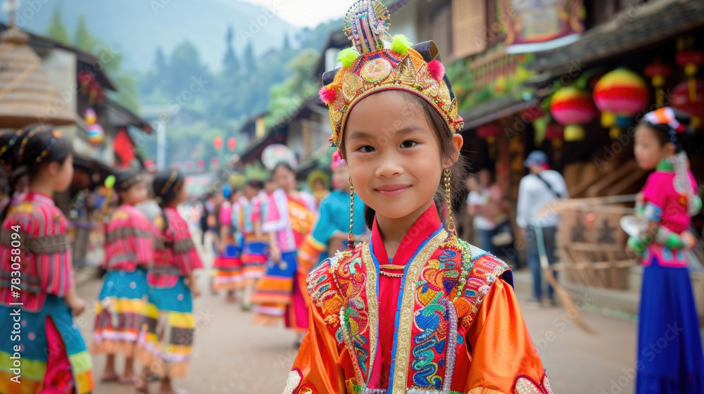 A young girl dressed in vibrant ethnic attire participates in a cultural festival amidst a bustling background