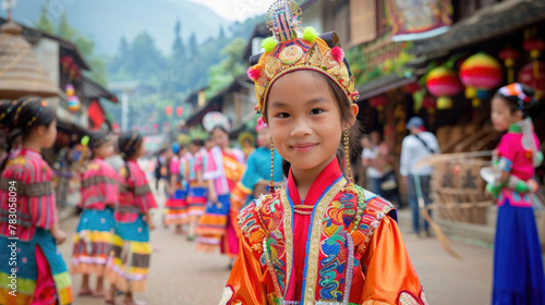 A young girl dressed in vibrant ethnic attire participates in a cultural festival amidst a bustling background