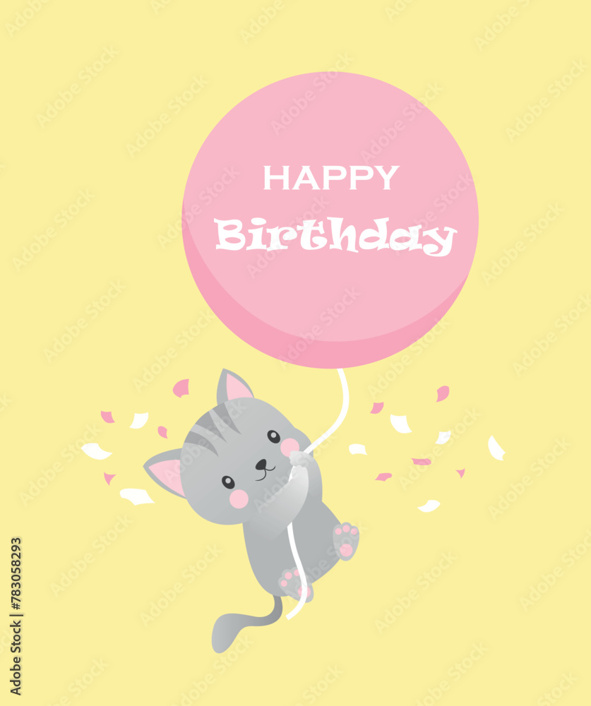 Cute children's card with an illustration of a cat holding a balloon. Happy birthday text. Cute children's card with an illustration of a cat holding a balloon. Happy birthday text.