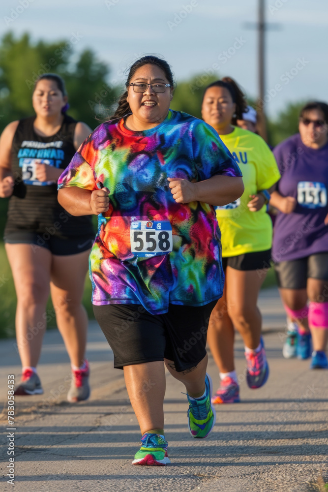 A competitive race with a diverse group of individuals running towards a finish line with determination and focus A competitive race with a diverse group of individuals running towards a finish line with determination and focus