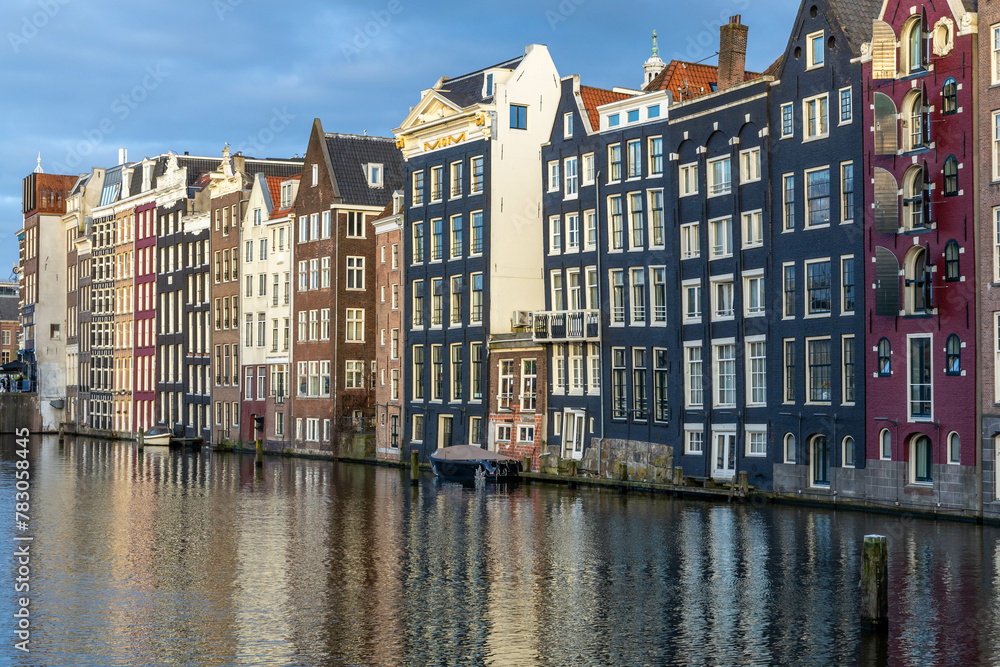 Rows of houses in Amsterdam along the canal.