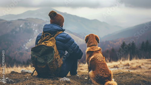 A man is seated on a hill, while his dog looks up at him attentively photo