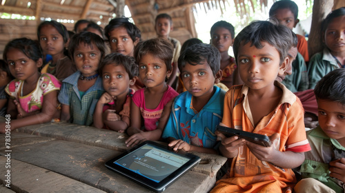 A group of attentive children sitting together with tablets inside a rustic wooden structure photo