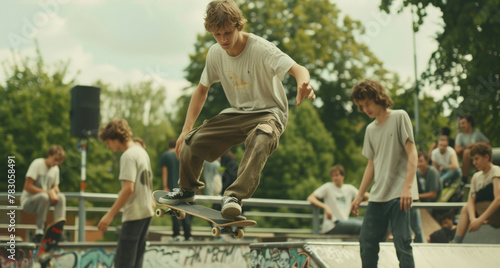 A group of young men are riding skateboards at a skate park, performing tricks and showing off their skills on ramps and rails