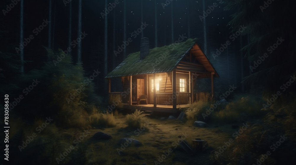 Wooden house in the woods. Traditional exterior. House in the woods at night. A beautiful house with large windows is located in the heart of a dense forest. Stunning views of nature. Wooden house in the woods. Traditional exterior. House in the woods at night. A beautiful house with large windows is located in the heart of a dense forest. Stunning views of nature.