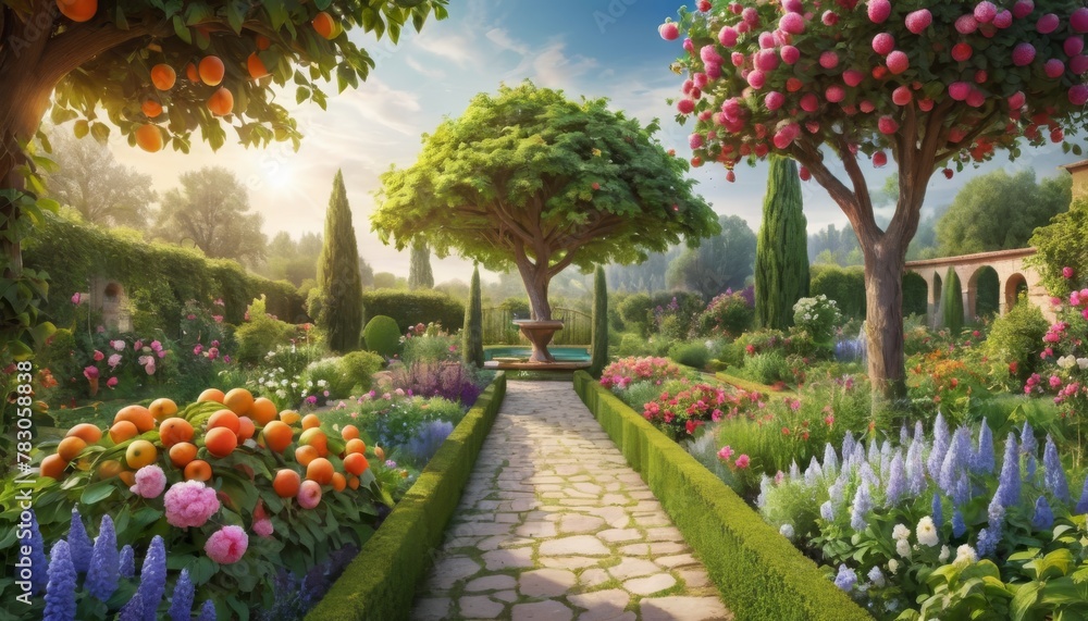 An idyllic garden bursts with color, showcasing a whimsical arrangement of flowers and fruit trees under a soft, radiant sun.. AI Generation