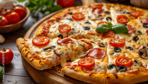 Pizza with cheese, olives and tomatoes.