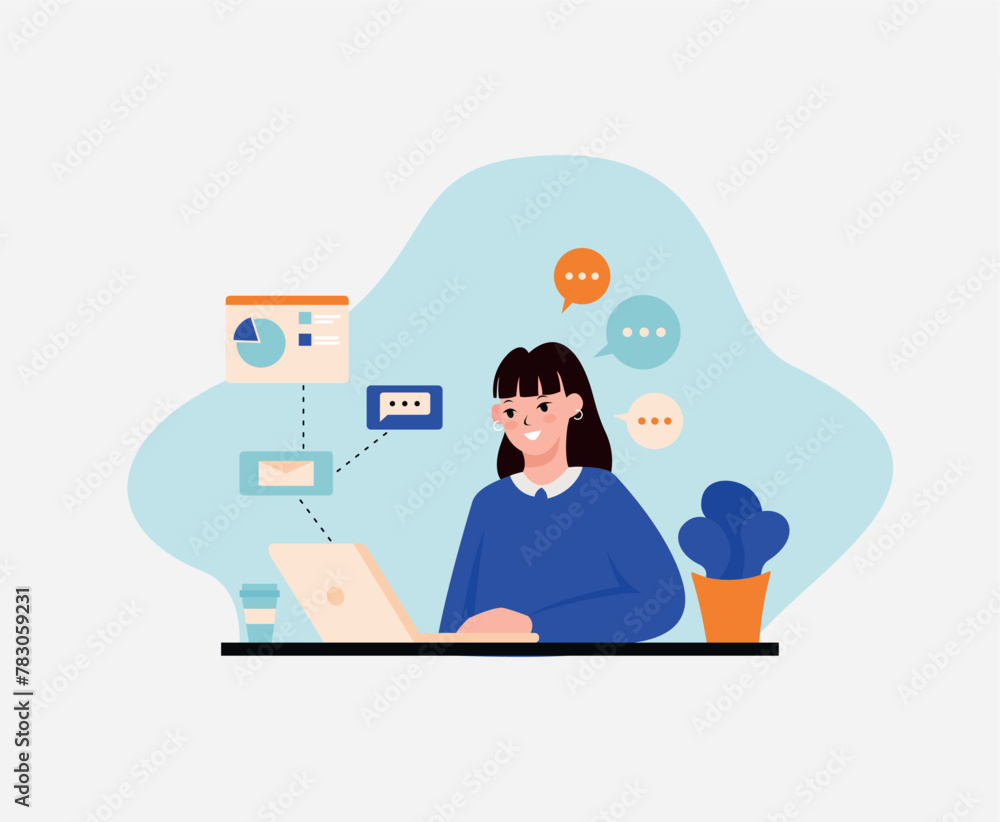 Vector illustration of a woman working at a laptop in the office. Vector illustration isolated on white background. Vector illustration of a woman working at a laptop in the office. Vector illustration isolated on white background.