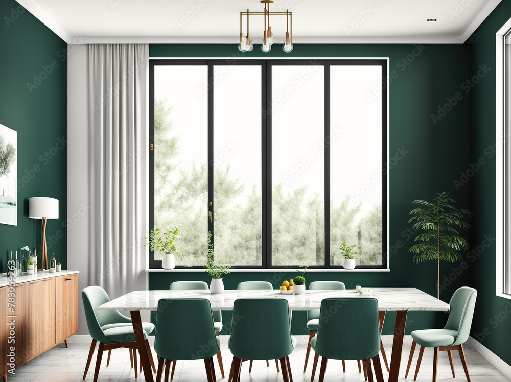 A modern dining room with a large window overlooking a green landscape.