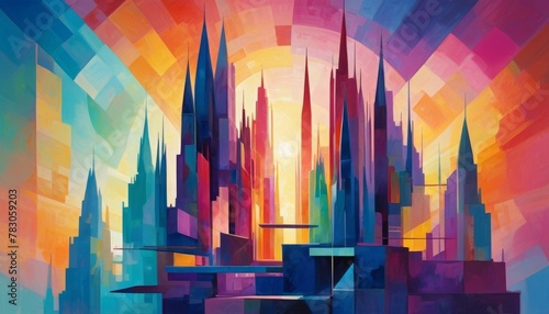 A stunning digital art piece featuring a cityscape with towering spires and radiant, overlapping hues that create a vibrant, geometric sunset backdrop. AI Generation © Anastasiia