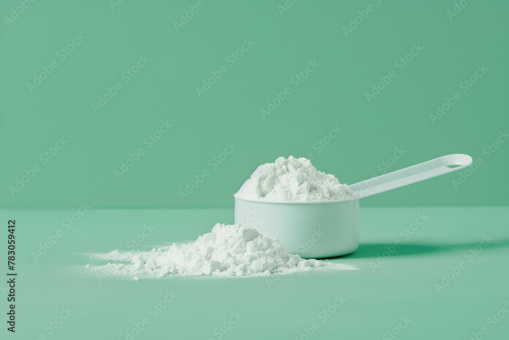 A scoop of white creatine monohydrate powder on a green background, energy sports supplement A scoop of white creatine monohydrate powder on a green background, energy sports supplement