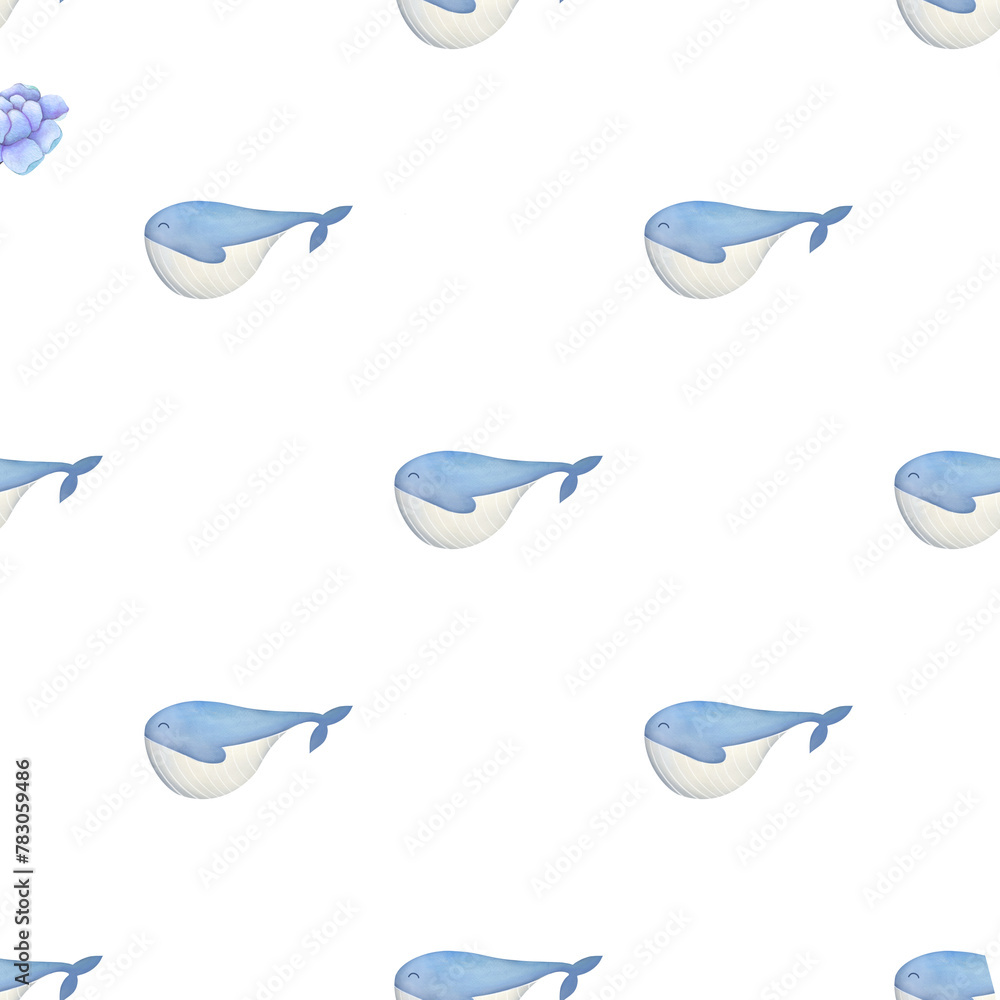 Cute and funny seamless pattern with blue whales on transparent ...