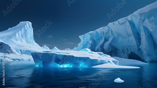 Melting of glaciers and permafrost. Arctic ice floes floating on water, dark sky, mountain, glaciers, icebergs glowing from inside background. problem of climate change and global warming photo