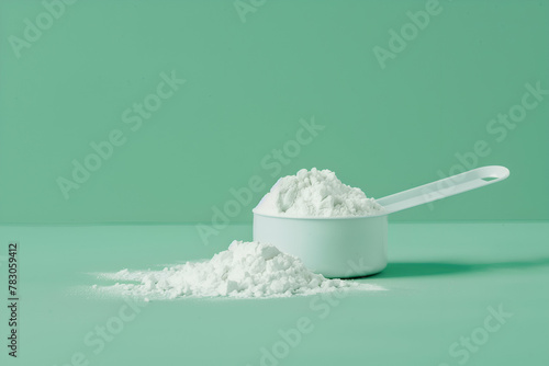 A scoop of white creatine monohydrate powder on a green background, energy sports supplement
