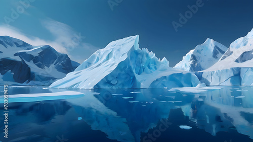 Winter Antarctic landscape. surface of water with reflection of mountains, floating ice floes and massive rocky snow-capped glaciers of south or north pole. clear blue sky over iceberg photo