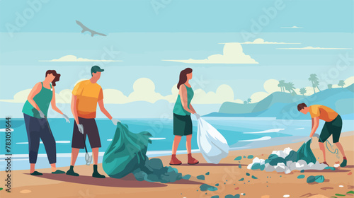 Family collecting garbage in trash bags on ocean be