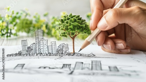 Urban planner sketching eco city with sustainable buildings and tree for green urban planning