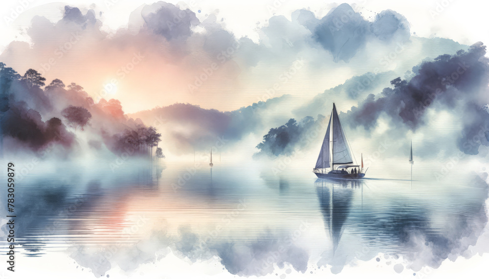 Sailboat on Misty Waters at Sunrise Watercolor Painting