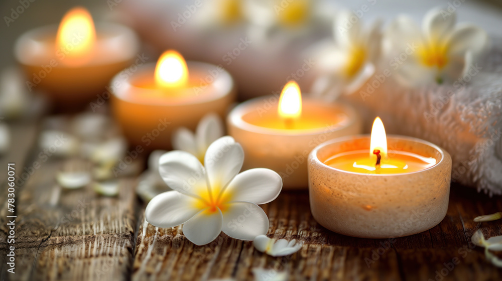 Serene spa setting with candles and frangipani flowers for relaxation. Serene spa setting with candles and frangipani flowers for relaxation.