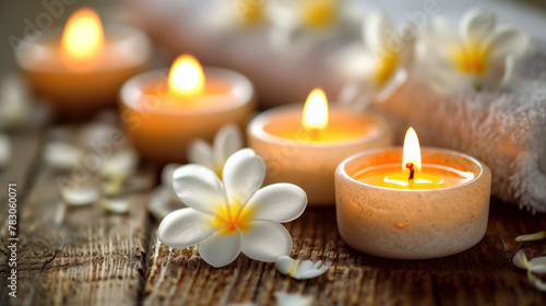 Serene spa setting with candles and frangipani flowers for relaxation.