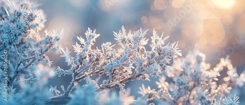 Winter frost on tree, close up, ice crystals, soft morning light, detailed