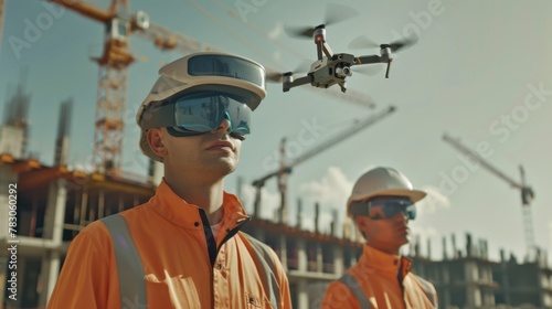  Drone engineers working with futuristic glasses on construction site - Aerial engineering and innovative technology concept