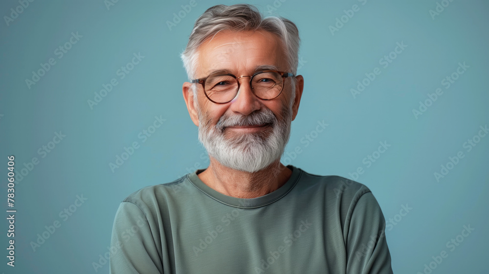 A man with a beard and glasses is smiling at the camera. He is wearing a green shirt and he is happy. Happy mature man on a solid background A man with a beard and glasses is smiling at the camera. He is wearing a green shirt and he is happy. Happy mature man on a solid background