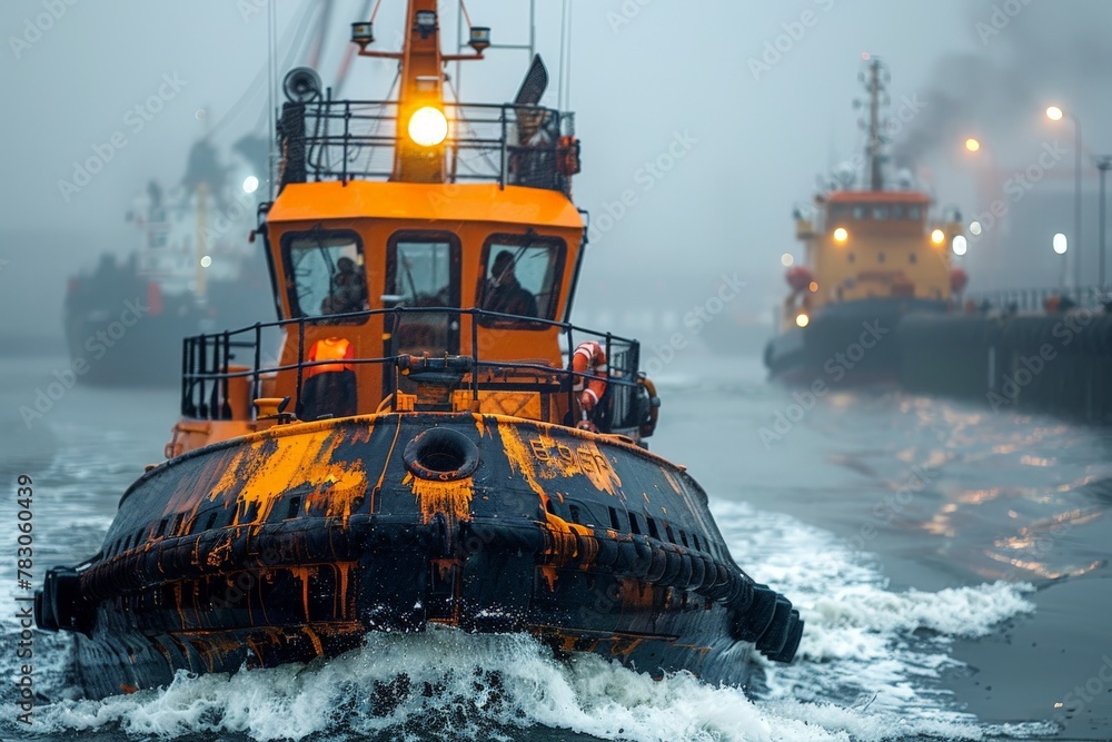 An orange tugboat is captured on a misty riverfront with other ships in the foggy background, reflecting maritime industry An orange tugboat is captured on a misty riverfront with other ships in the foggy background, reflecting maritime industry