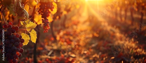 Vineyard rows at sunset, close up, golden light, grape details, tranquil