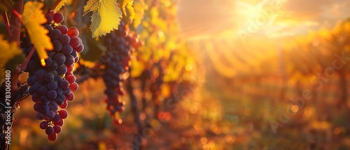 Vineyard rows at sunset, close up, golden light, grape details, tranquil