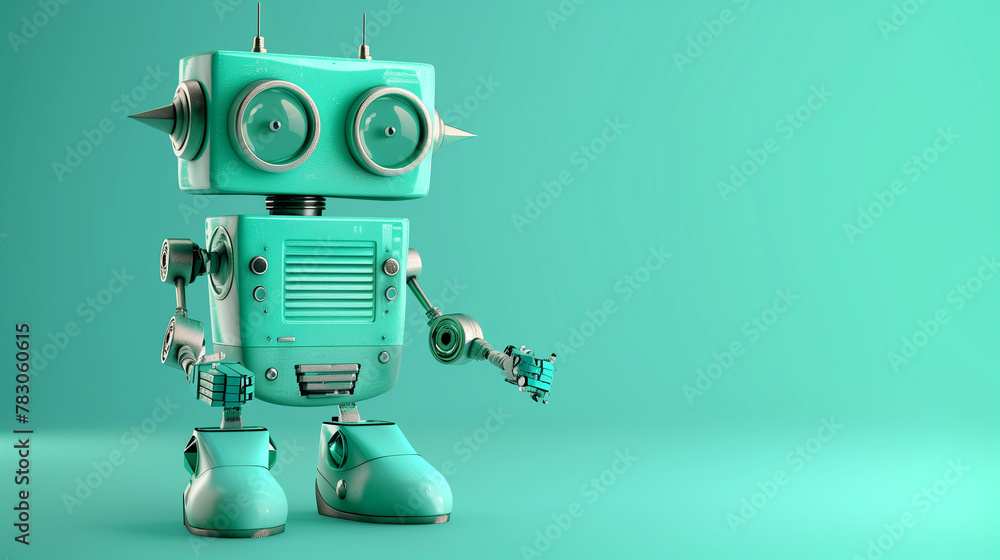 A two-eyed green robot stands holding its own hands and open arms in front of a green background. The square-headed robot has a serious expression. A two-eyed green robot stands holding its own hands and open arms in front of a green background. The square-headed robot has a serious expression.