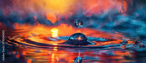 Sunset reflected in water droplet, close up, vivid colors, detailed texture