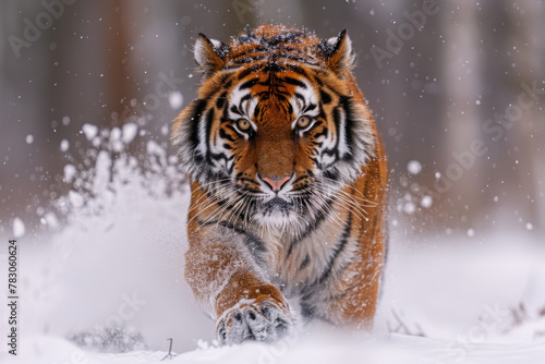 A Siberian tiger in motion  with a blurred background in the snowy taiga
