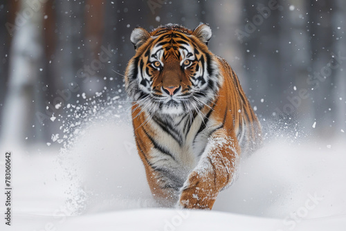 A Siberian tiger in motion, with a blurred background in the snowy taiga photo