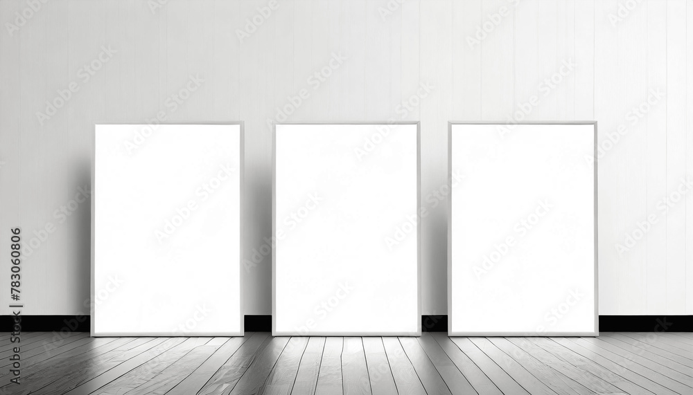 empty white wall. Floor standing three empty posters for design portfolio empty white wall. Floor standing three empty posters for design portfolio